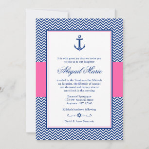 Nautic Zickzack Anchor Blue Pink Bat Mitzvah Einladung