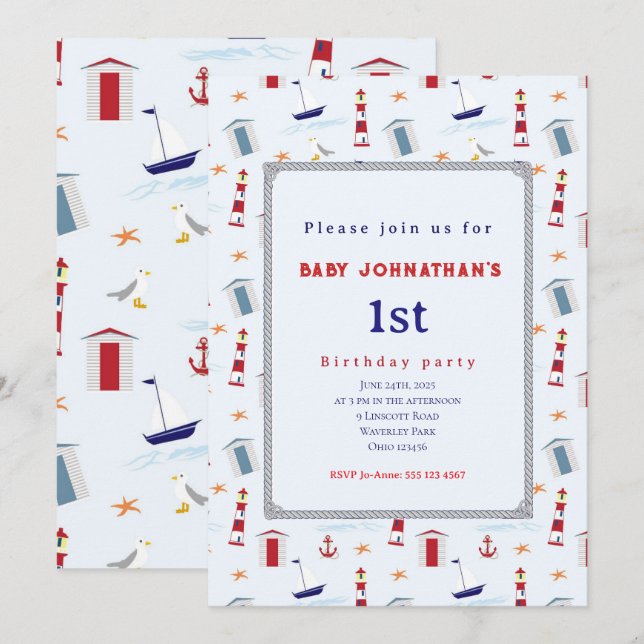 Nautical 1st Birthday Sailboat Birthday Party Einladung (Vorne/Hinten)