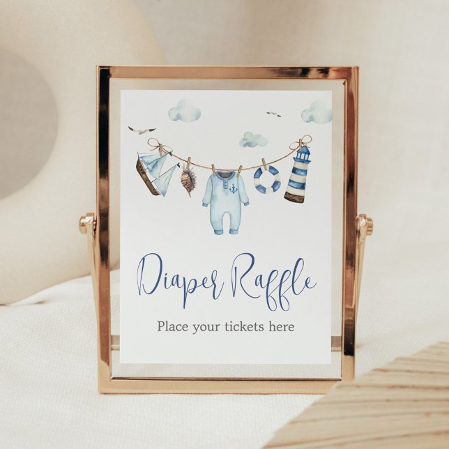 Nautical Ahoy Baby Duschdusche Windeln Raffel Poster (Nautical Sailor Ahoy Baby Shower Diaper Raffle Sign)