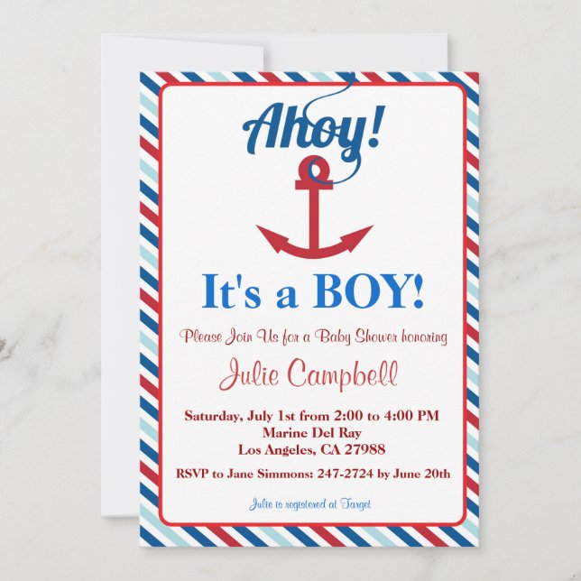 Nautical Ahoy Boy Baby Shower Einladung (Vorderseite)