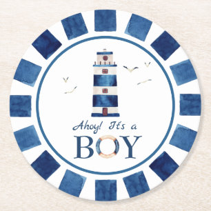Nautical Ahoy! Es ist eine Baby-Leuchtturm-Kinderd Runder Pappuntersetzer