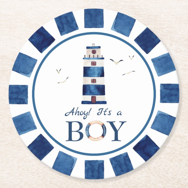 Nautical Ahoy! Es ist eine Baby-Leuchtturm-Kinderd Runder Pappuntersetzer (Vorderseite)