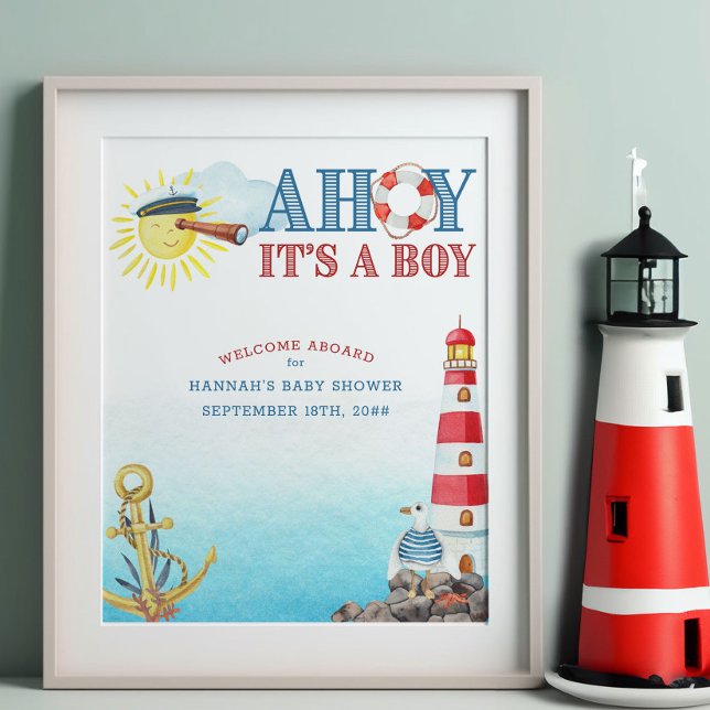 Nautical Ahoy ist eine Baby-Dusche Willkommen Poster (Welcome sign from my Ahoy it's a boy Nautical Baby Shower collection)