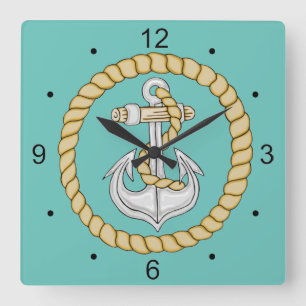 Nautical Anchor 3 Square Wall Clock Quadratische Wanduhr