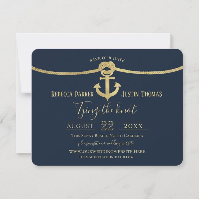 Nautical Anchor and Rope Gold Rope Knot Wedding Einladung (Vorderseite)