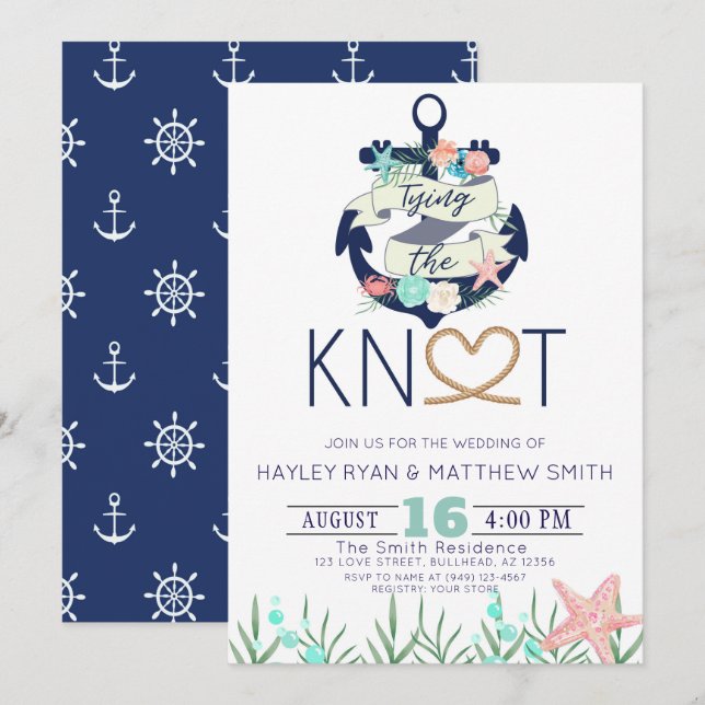 Nautical Anchor bindet die Knot Hochzeit ein Einladung (Vorne/Hinten)