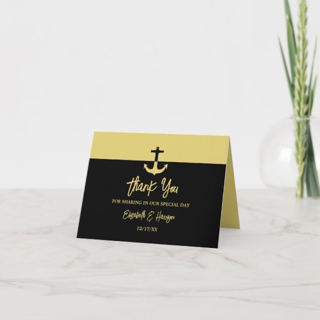Nautical Anchor - Black Gold - Beach Wedding Dankeskarte (Vorderseite)