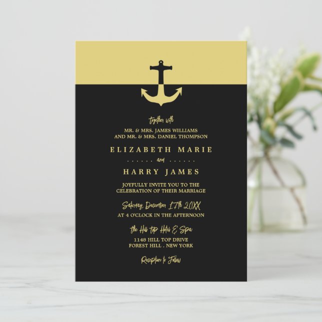 Nautical Anchor - Black Gold - Beach Wedding Einladung (Stehend Vorderseite)