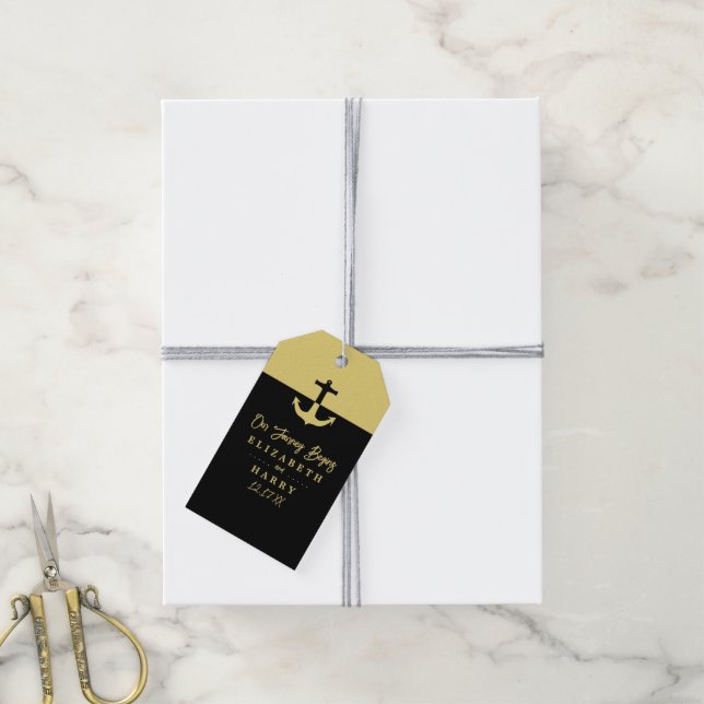 Nautical Anchor - Black Gold - Beach Wedding Geschenkanhänger (Mit Garn)
