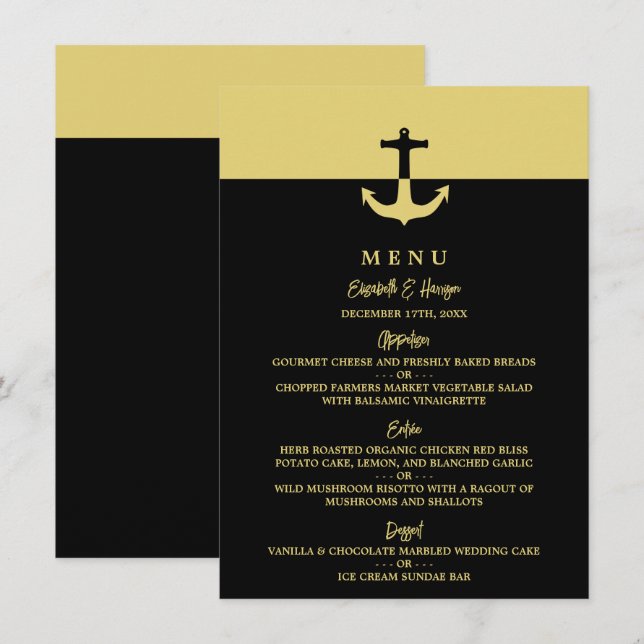 Nautical Anchor - Black Gold - Beach Wedding Menükarte (Vorne/Hinten)