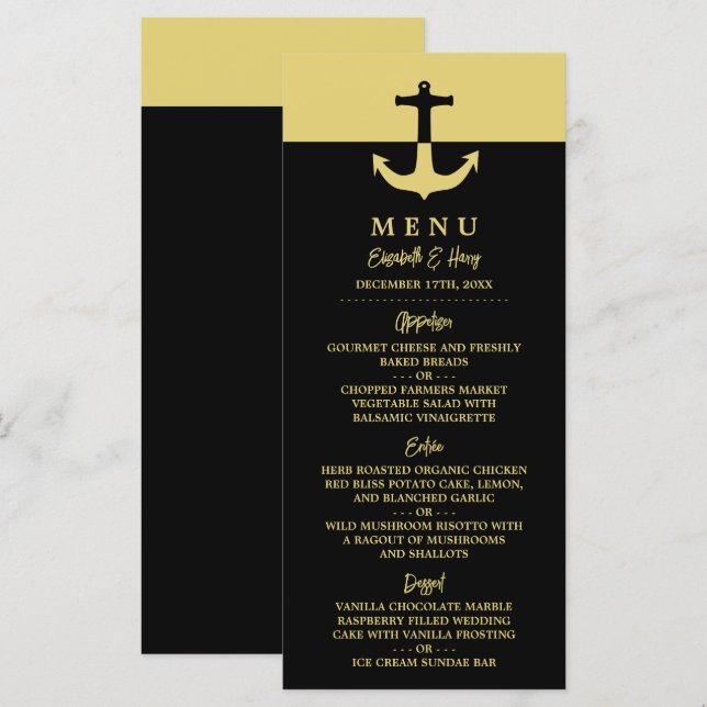 Nautical Anchor - Black Gold - Beach Wedding Menükarte (Vorne/Hinten)