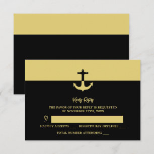 Nautical Anchor - Black Gold - Beach Wedding RSVP Karte