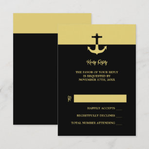 Nautical Anchor - Black Gold - Beach Wedding RSVP Karte