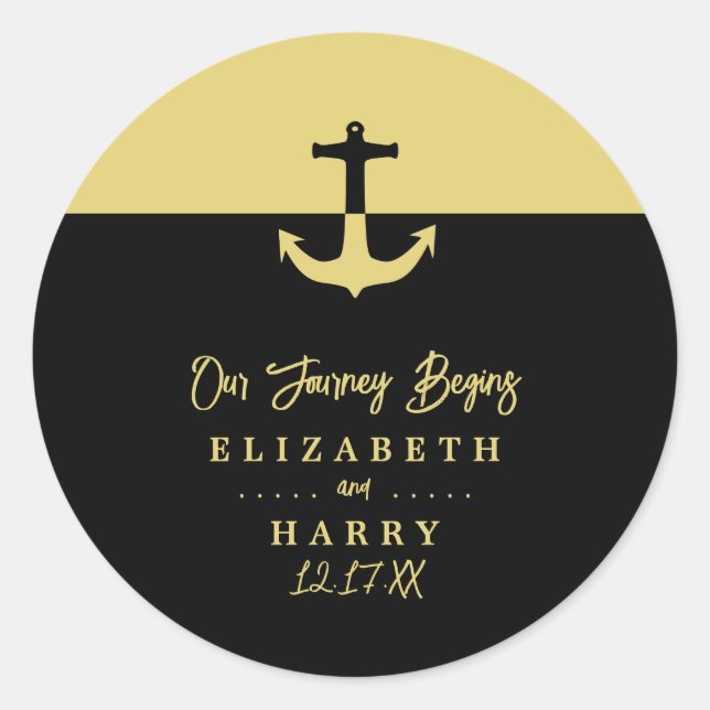 Nautical Anchor - Black Gold - Beach Wedding Runder Aufkleber (Vorderseite)
