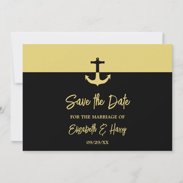 Nautical Anchor - Black Gold - Beach Wedding Save The Date (Vorderseite)