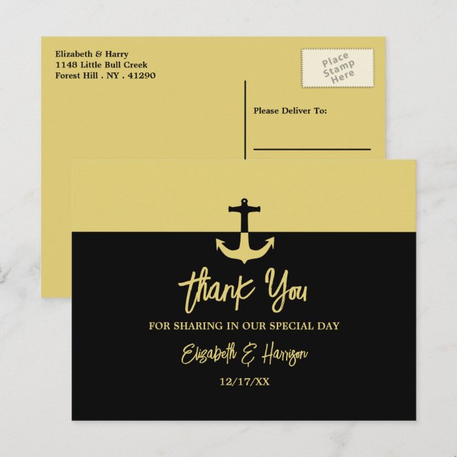Nautical Anchor - Black Gold - Hochzeit Vielen Dan Postkarte (Vorne/Hinten)