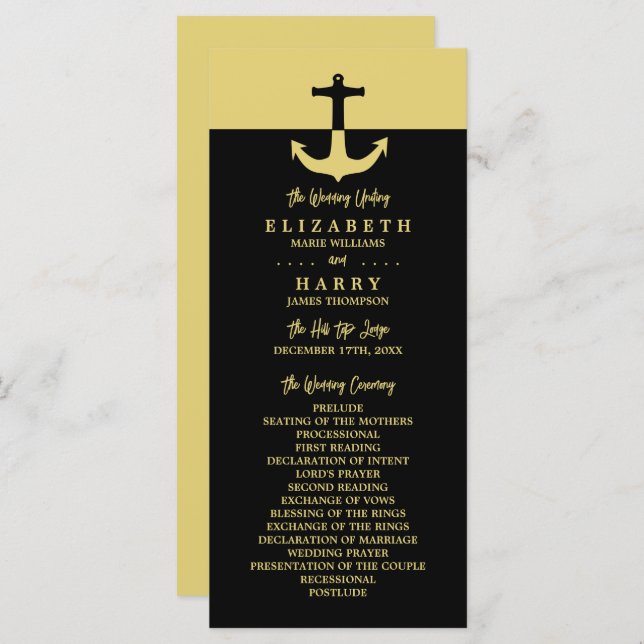 Nautical Anchor - Black Gold - Hochzeitsprogramm Programm (Vorne/Hinten)