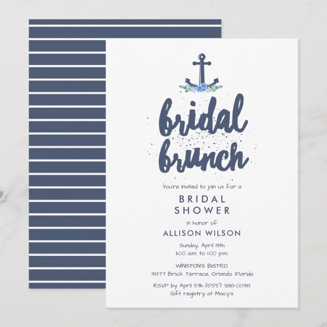 Nautical Anchor Bloral Bridal Brunch Dusche Einladung (Vorne/Hinten)