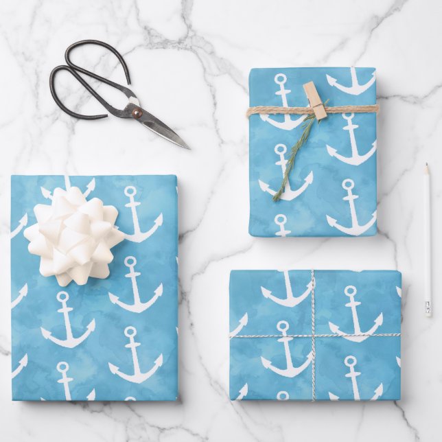 Nautical Anchor Blue Baby Dusche Geschenkpapier Set (Vorderseite)