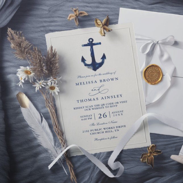 Nautical Anchor Blue Modern Chic QR Code Wedding Einladung (Von Creator hochgeladen)