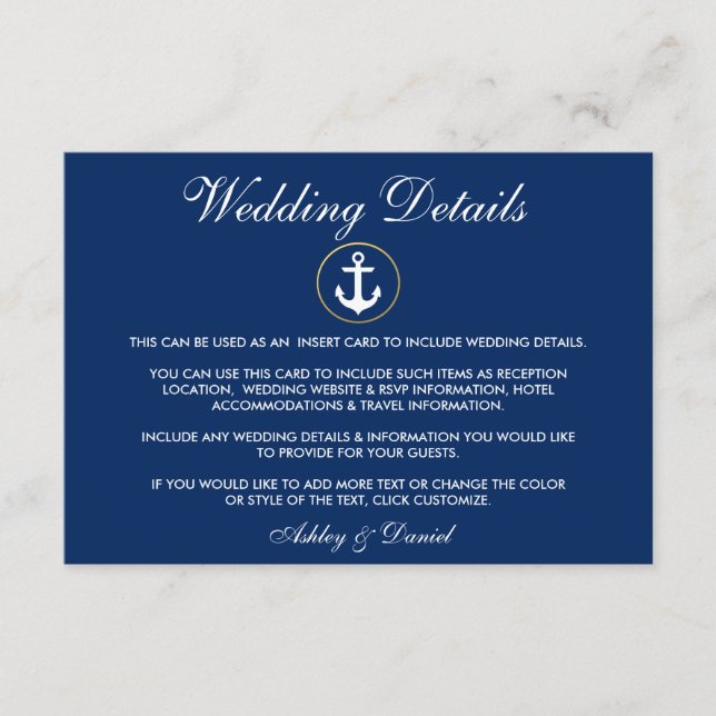 Nautical Anchor Blue Wedding Details Beipackkarte Begleitkarte (Vorderseite)