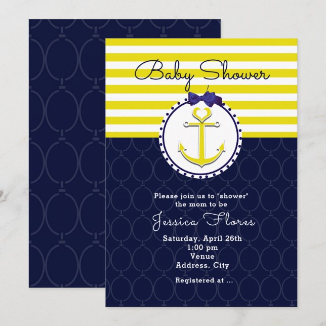 Nautical Anchor Blue Yellow Baby Dusche Einladung (Vorne/Hinten)