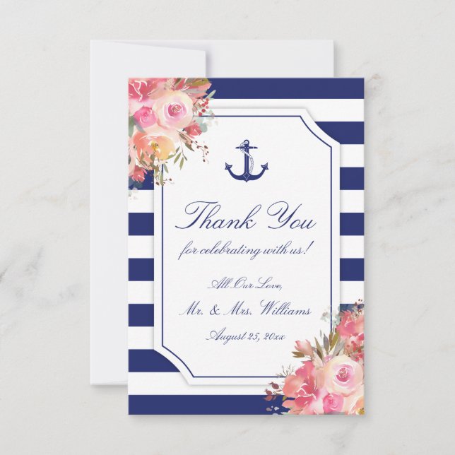 Nautical Anchor Blues Stripe Hochzeit Dankeskarte (Vorderseite)