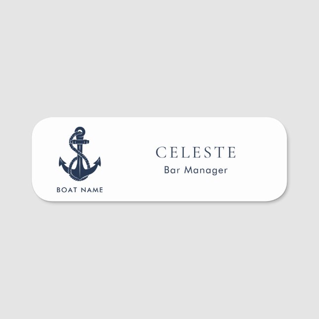 Nautical Anchor Boat Name Navy Blue Mitarbeiter Namensschild (Vorderseite)