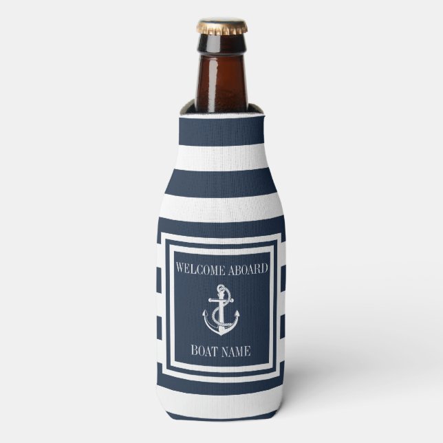 Nautical Anchor Boat Name Navy Blue Streifen Flaschenkühler (Flaschenvorderseite)
