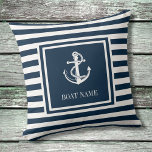 Nautical Anchor Boat Name Navy Blue Streifen Kissen<br><div class="desc">Ein nautisches Design mit Anker,  stilvollen marineblauen,  blauen und weißen Streifen und personalisiert mit Ihrem Bootsnamen. Entwickelt von Thisisnotme©</div>
