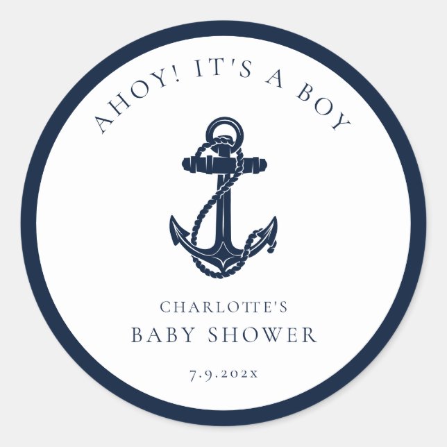 Nautical Anchor Boy Baby Dusche Runder Aufkleber (Vorderseite)