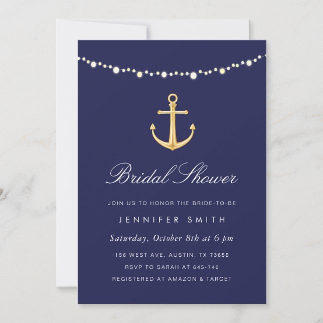 Nautical Anchor Bridal Dusche Einladung Marine Gol (Vorderseite)