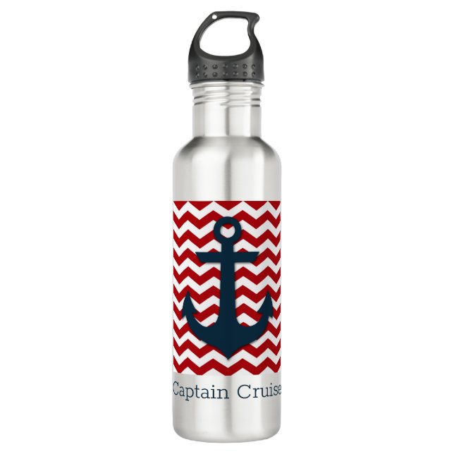 Nautical Anchor Captain NAME Red White Blue Fun Edelstahlflasche (Vorderseite)