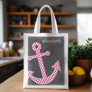 Nautical Anchor Chalkboard Hot Pink Polka Dots Wiederverwendbare Einkaufstasche