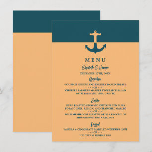 Nautical Anchor - Coral Blue - Beach Wedding Menükarte