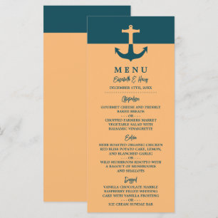 Nautical Anchor - Coral Blue - Beach Wedding Menükarte