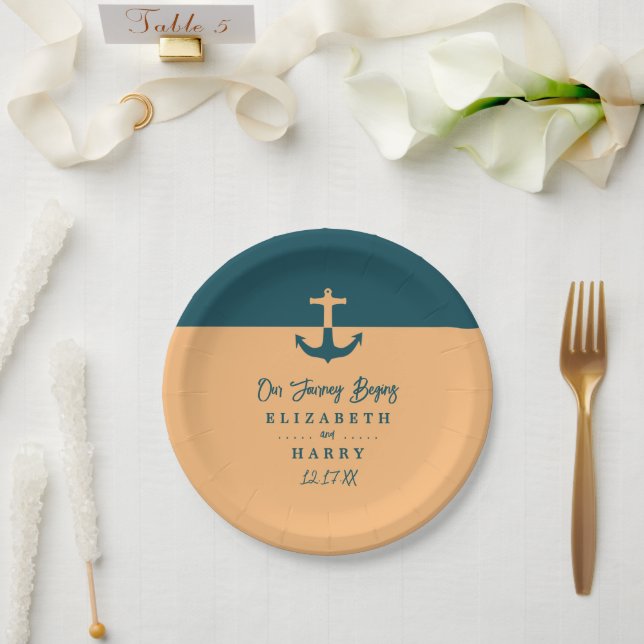 Nautical Anchor - Coral Blue - Beach Wedding Pappteller (Hochzeit)