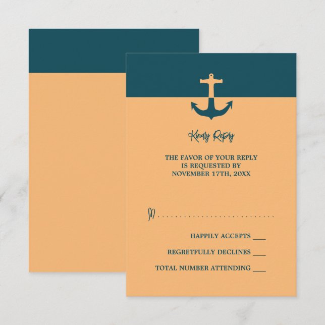 Nautical Anchor - Coral Blue - Beach Wedding RSVP Karte (Vorne/Hinten)