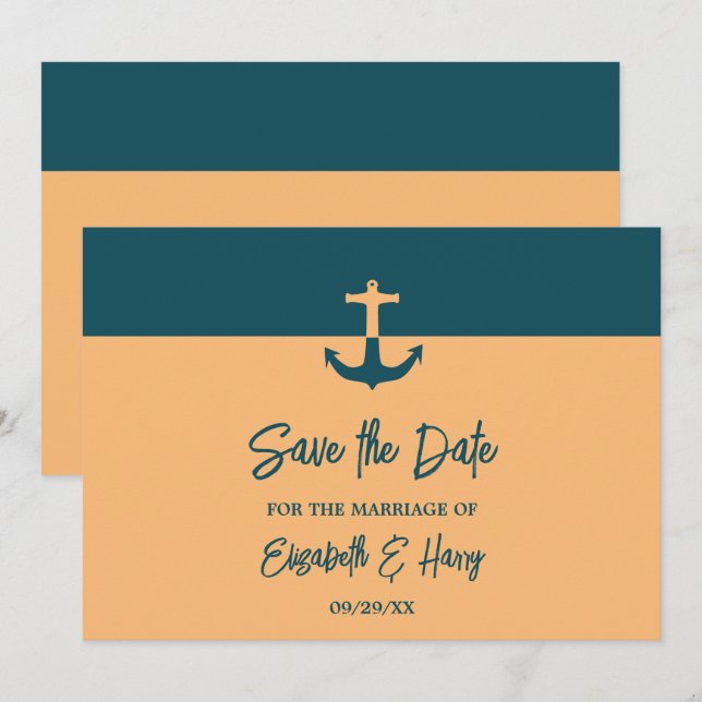 Nautical Anchor - Coral Blue - Beach Wedding Save The Date (Vorne/Hinten)