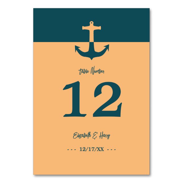 Nautical Anchor - Coral Blue - Beach Wedding Tischnummer (Vorderseite)