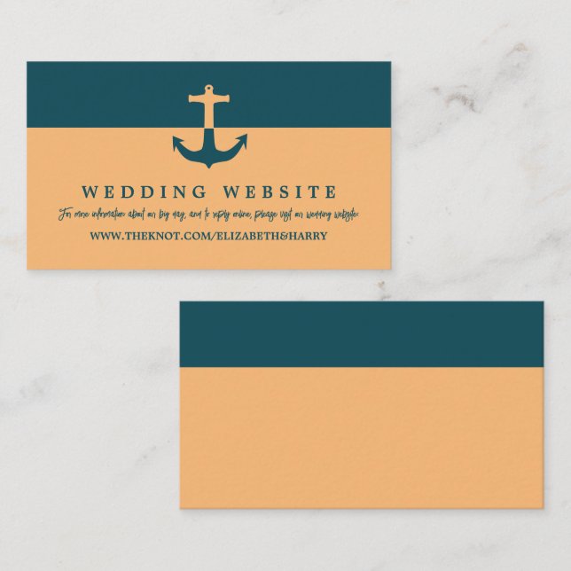 Nautical Anchor, Coral Blue, Beach Wedding Website Begleitkarte (Vorne/Hinten)