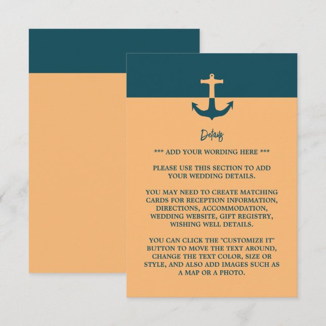 Nautical Anchor - Coral Blue - Wedding Detail Begleitkarte (Vorne/Hinten)