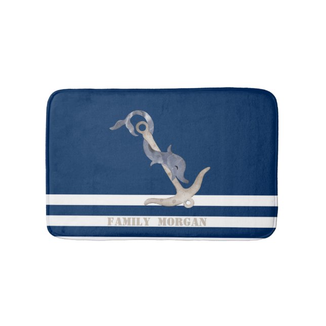 Nautical Anchor Dolphin Navy Blue Stripes Sailor Badematte (Vorderseite)