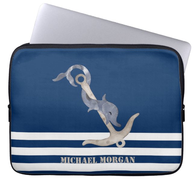 Nautical Anchor Dolphin Navy Blue Stripes Sailor Laptopschutzhülle (Vorderseite)