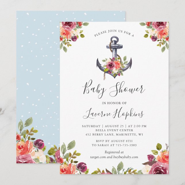 Nautical Anchor Floral Boy Baby Dusche Einladung (Vorne/Hinten)