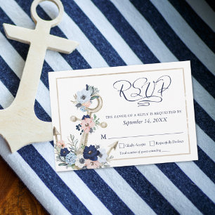 Nautical Anchor Floral Elegantes Skript Navy Blue RSVP Karte