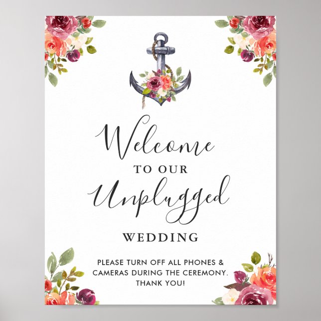 Nautical Anchor Floral Unplugged Wedding Sign Poster (Vorne)