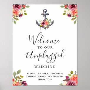 Nautical Anchor Floral Unplugged Wedding Sign Poster