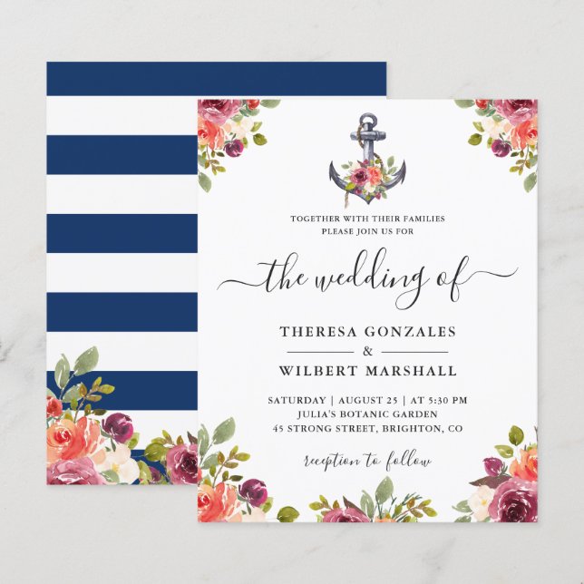 Nautical Anchor Floral Wedding Einladungen (Vorne/Hinten)