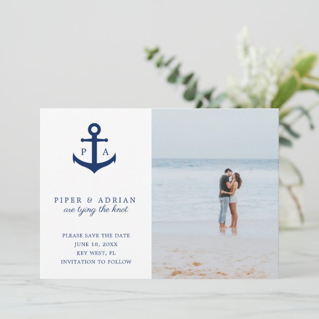 Nautical Anchor Foto Moderne Hochzeit Save The Date (Stehend Vorderseite)